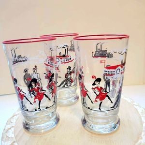 Rare Vintage Libbey "Showboat" Hi-Ball Glasses, Music, Dance & Fun - Red & black